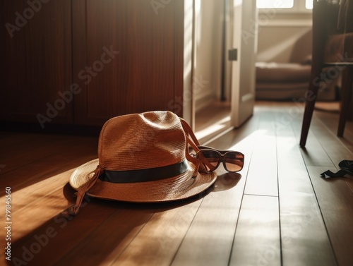 hat and sunglasses on the floor in the room. the concept of tourism and travel. Going on vacation