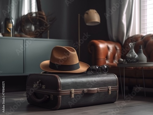 hat and sunglasses on a brown suitcase in the room. the concept of tourism and travel. Going on vacation