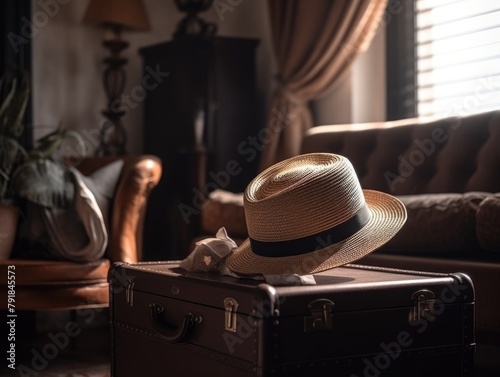 hat and sunglasses on a brown suitcase in the room. the concept of tourism and travel. Going on vacation