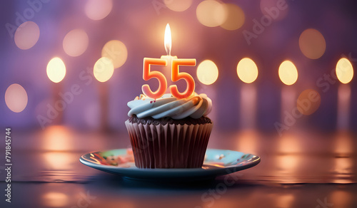 Birthday cupcake with burning lit candle with number 55. Number fiftyfive for fifty years or fifty-fifth anniversary. photo