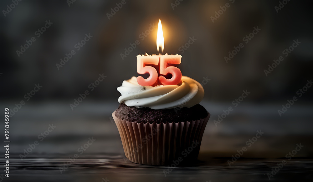 Birthday cupcake with burning lit candle with number 55. Number fiftyfive for fifty years or fifty-fifth anniversary. Birthday cupcake with burning lit candle with number 55. Number fiftyfive for fifty years or fifty-fifth anniversary.