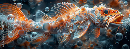 Fractal frenzy of the vicious fish: a ferocious creature emerges from a chaotic maelstrom of fractal patterns, its sharp teeth and menacing gaze striking fear in the hearts of onlookers. photo