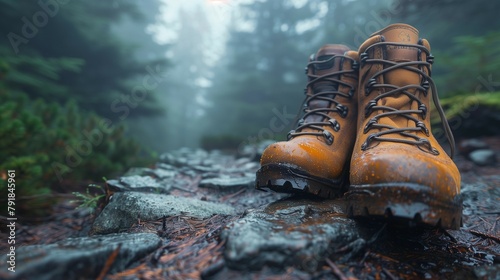 Into the Unknown: Hiking Boots on Misty Trail, generative ai