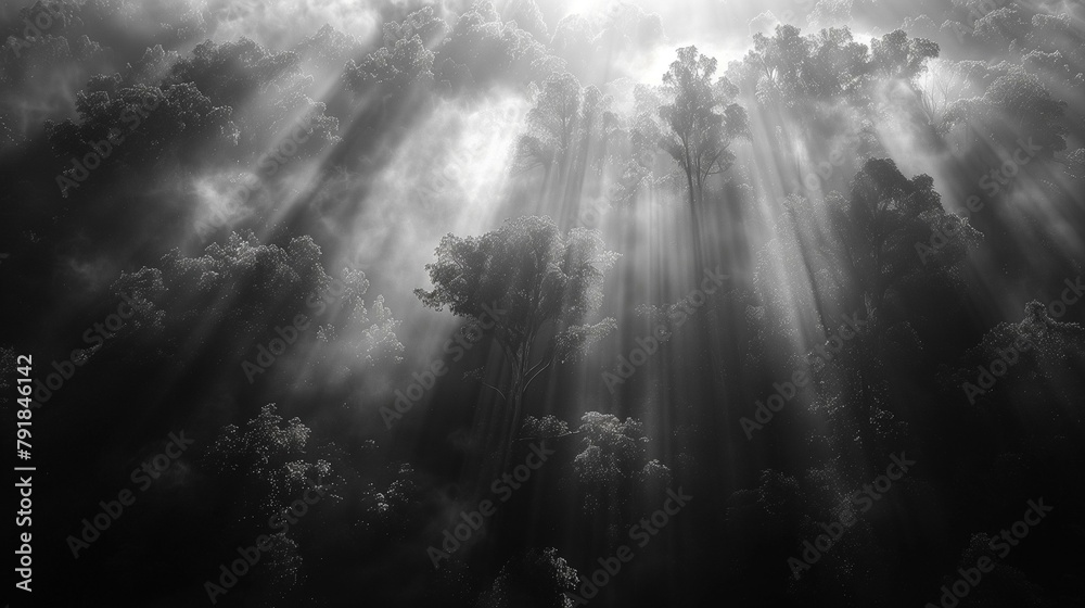 Mystical Sunlight in Foggy Forest, generative ai