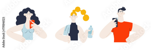 Group of sport people. White skin tone women, man in sport clothes with towel on woman's shoulder hold plastic water bottle, man and woman hold smartphone with camera flash. Vector flat illustration.