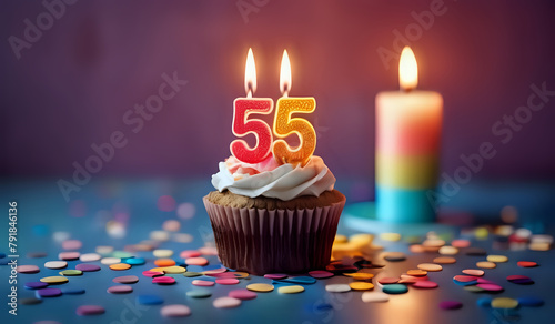 Birthday cupcake with burning lit candle with number 55. Number fiftyfive for fifty years or fifty-fifth anniversary. photo