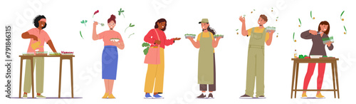 Microgreens Enthusiasts, Health-conscious Characters Using Micro Green Nutrients in Dishes With Their Vibrant Colors