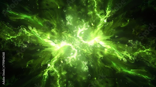 explosive celestial burst of vibrant green light rays on black background abstract supernova digital art