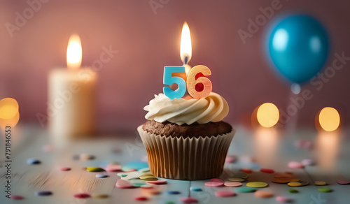 Birthday cupcake with burning lit candle with number 56. Number fiftysix for fifty years or fifty-sixth anniversary