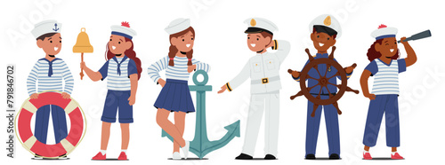 Children Characters In Sailor Costumes, Adorned With Striped Shirts, Navy Caps And Anchor Motifs, Vector Illustration