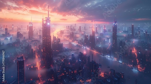 Futuristic Cyberpunk Cityscape at Dawn, generative ai