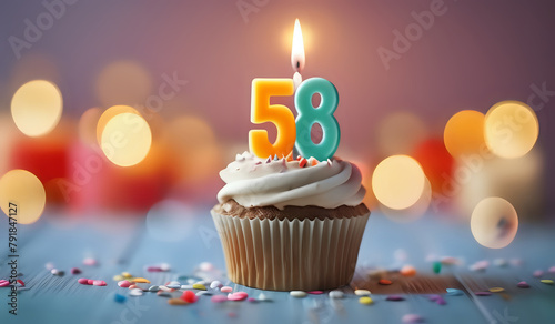 Birthday cupcake with burning lit candle with number 58. Number fiftyeight for fifty years or fifty-eighth anniversary photo