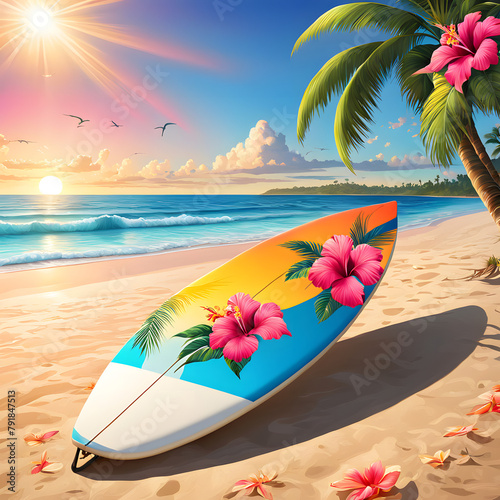 surfboard adorned with vibrant tropical motifs clipart style palm leaves parrots hibiscus juxta