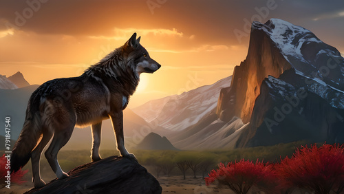 Beautiful wolf in the mountains at sunset. photo