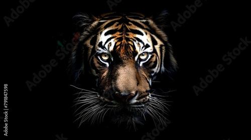 Majestic tiger face emerging from darkness, intense gaze, wildlife portrait. Captivating, powerful, and sharp image. Ideal for art and wildlife themes. AI photo