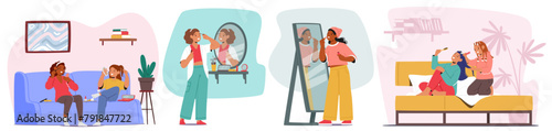 Teenage Girls Character Apply Cosmetics, Blending Hues, Accentuating Features, And Enhancing Natural Beauty
