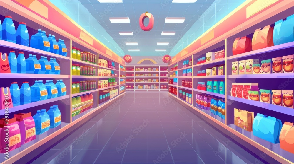 Grocery store aisle and shelves with food modern background. Perspective view of supermarket interior. Hypermarket display shelf with products for sale.