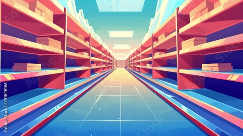 The empty shelves of a supermarket aisle are illustrated as cartoons. Commercial interior for product and goods display showcases. Business game warehouse template.