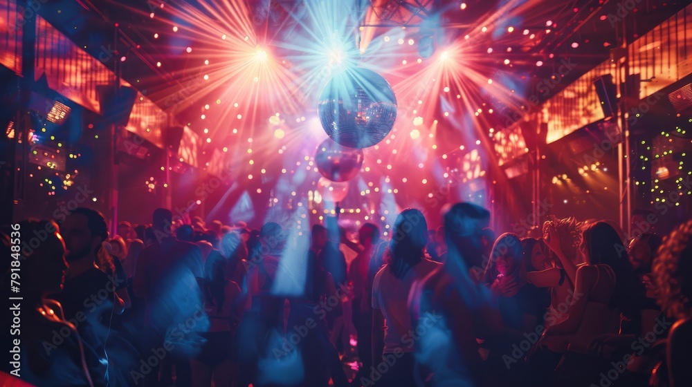 A lively nightclub with vibrant lights and people dancing under the disco ball, creating an energetic atmosphere.