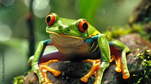 Vibrant Red-Eyed Tree Frog Perched on a Green Leaf in a Lush Jungle. Eye-Catching Amphibian Colors Captured in Natural Habitat. Ideal for Educational Content and Nature Themes. AI