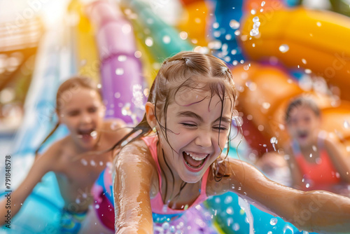 A happy girls riding on the colorful water slide in the waterpark. Summer water activities.