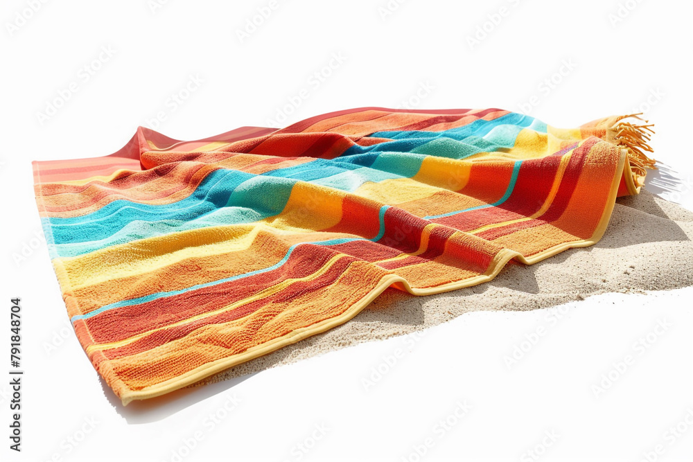 A pair of colorful beach towels laid out on the sand, forming a cozy spot for a family to relax and soak up the sun's warmth during their beach outing, isolated on a solid white background.