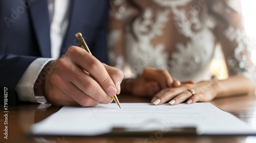 married couple signing will document in lawyers office estate planning and inheritance concept