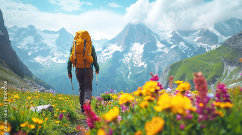 Hiker with backpack and hiking equipment on the trail, majestic snowy mountains in the background. Alpine landscapes, wildflowers, fresh morning. 