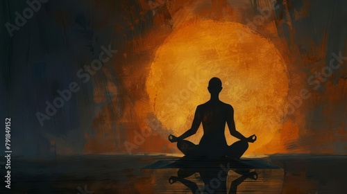 person meditating in peaceful yoga pose zenlike back view silhouette digital painting photo