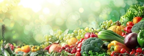 A colorful arrangement of fresh produce on the right side, with space for text or product details in the middle