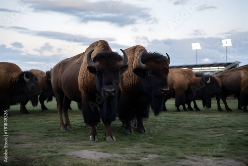 A group of bison grazing in a field near an illuminated stadium