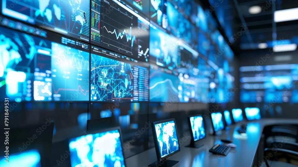 security control room with video wall monitoring for emergencies blurred background digital illustration security control room with video wall monitoring for emergencies blurred background digital illustration