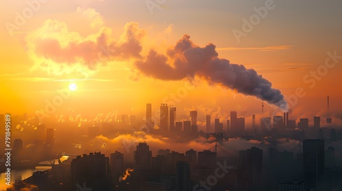 Urban Sunrise with Industrial Pollution, City Silhouette Against Orange Sky, Environmental Concern Concept. AI