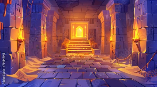 A palace, castle, or pyramid in the Ancient Egyptian period. Brick walls, pillars, torches, stairways, sand on the floor, and a spiderweb decorate the corridor, modern cartoon illustration.