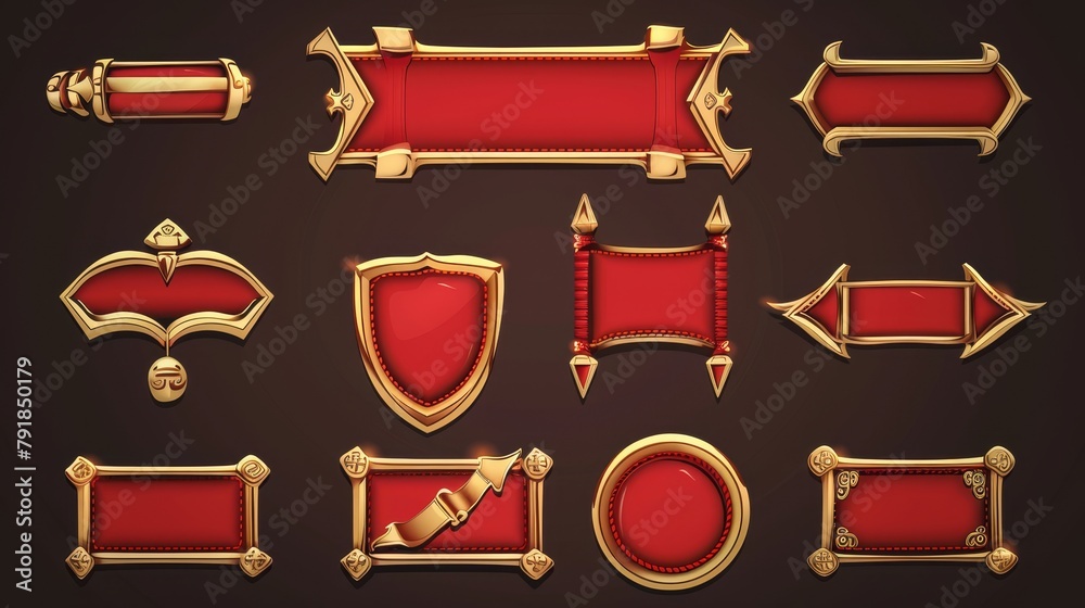 This design features a red ui modern button animation, gold frame design on a dark background, arrows, circles, and signboard labels for the player menu. This design features a red ui modern button animation, gold frame design on a dark background, arrows, circles, and signboard labels for the player menu.