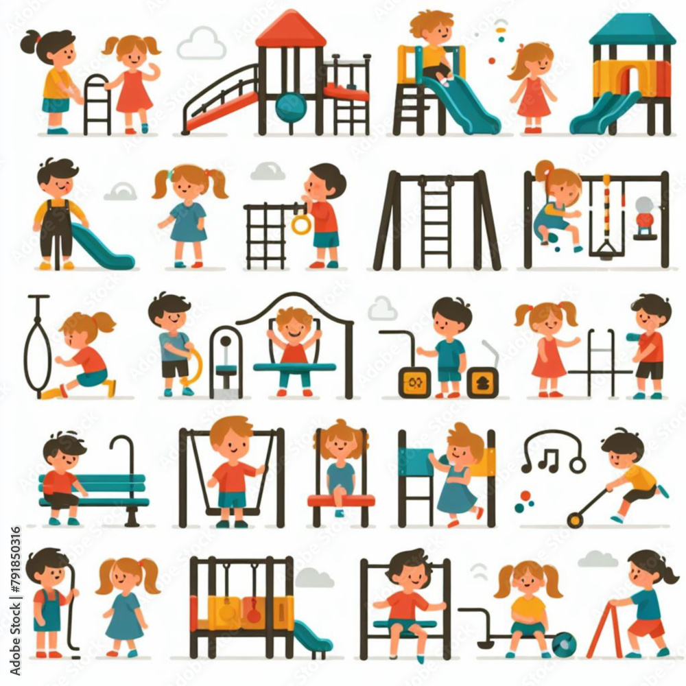 Children play on playground. Kid playground equipment icons. Childhood pictogram icon set
