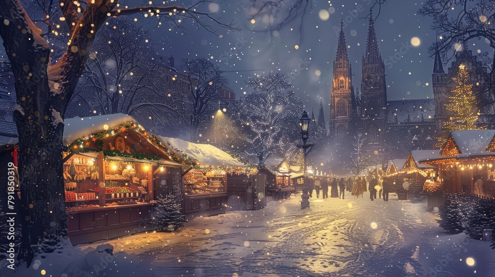 Fototapeta premium traditional christmas market in munich at night festive holiday atmosphere digital illustration