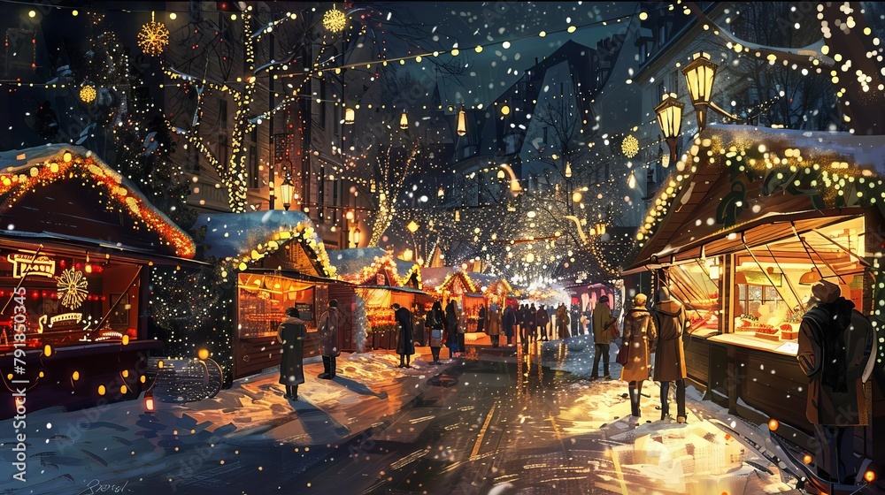Fototapeta premium traditional christmas market in munich at night festive holiday atmosphere digital illustration