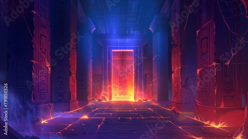 In an abandoned Egyptian palace, a dark dungeon has been created. It has been highlighted with a fire, dust and spiderweb on the pillars, as well as mysterious neon hieroglyphics on the walls. photo