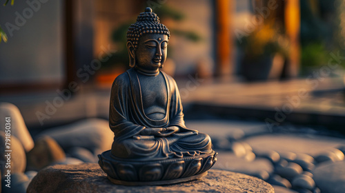 a statue of buddha sits on a stone surface with a tree in the background.