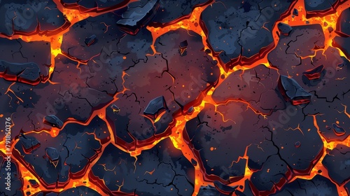 Broken earth with magma glow top view isolated on dark background. Destruction on hell floor surface. Split fracture damage with orange burn element.
