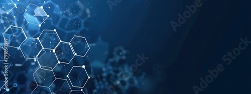 Dark blue background with white hexagonal technical elements and data points, technology banner for website header or presentation design in the style of technology.