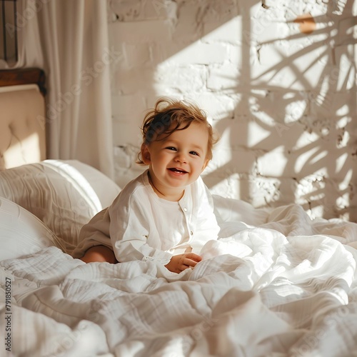 The baby is happy in bed.