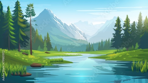 A waterway in a forest and a mountain view modern background. A relaxing summer scene depicting a lake, sky, and meadows.