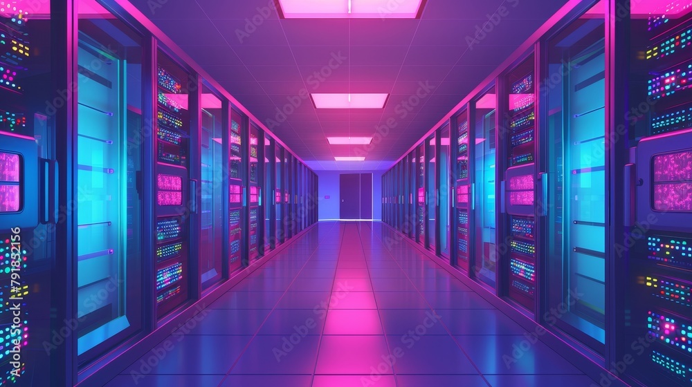 Graphite modern illustration of a failure in a computer data center warehouse. A cartoon version of a cartoon server room interior with a failure blockchain security system. A telecommunications