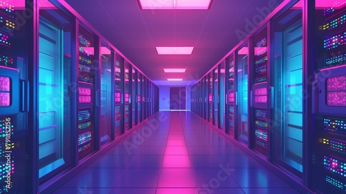 Graphite modern illustration of a failure in a computer data center warehouse. A cartoon version of a cartoon server room interior with a failure blockchain security system. A telecommunications