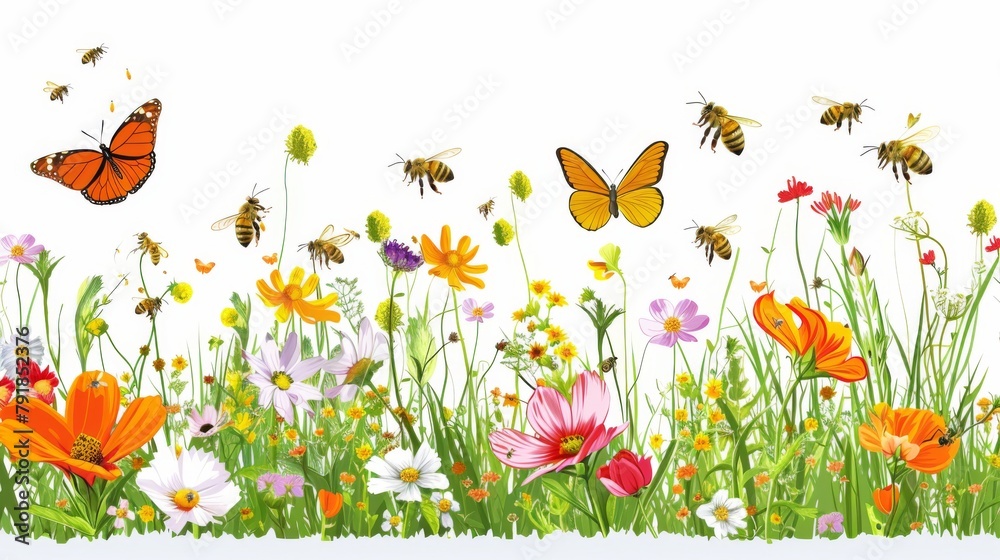 Vibrant Wildflower Meadow with Butterflies and Bees Illustration