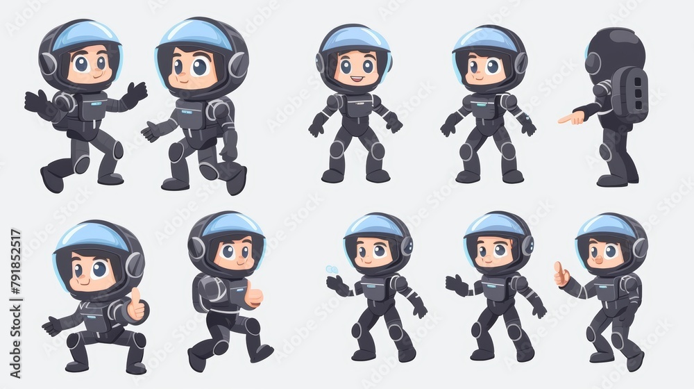 Child astronaut cartoon set isolated on white background. Cute little boy in black space suit and helmet running, standing, smiling, showing thumbs-up, waving hand. School mascot. Child astronaut cartoon set isolated on white background. Cute little boy in black space suit and helmet running, standing, smiling, showing thumbs-up, waving hand. School mascot.