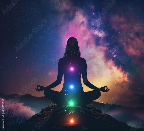 Silhouette of Person Meditating with Colorful Chakras in a Galactic Setting. Peaceful Yoga Meditation Under the Stars. Spiritual Awakening and Mindfulness Concept. AI