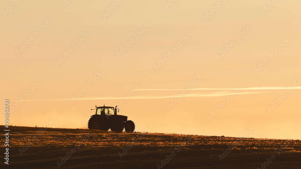 Fototapeta premium A minimalist view of a tractor's silhouette at sunrise, with soft morning light. 